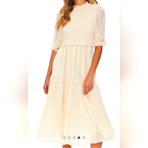 Modest Midi Smocked Ruffle Trim Dress